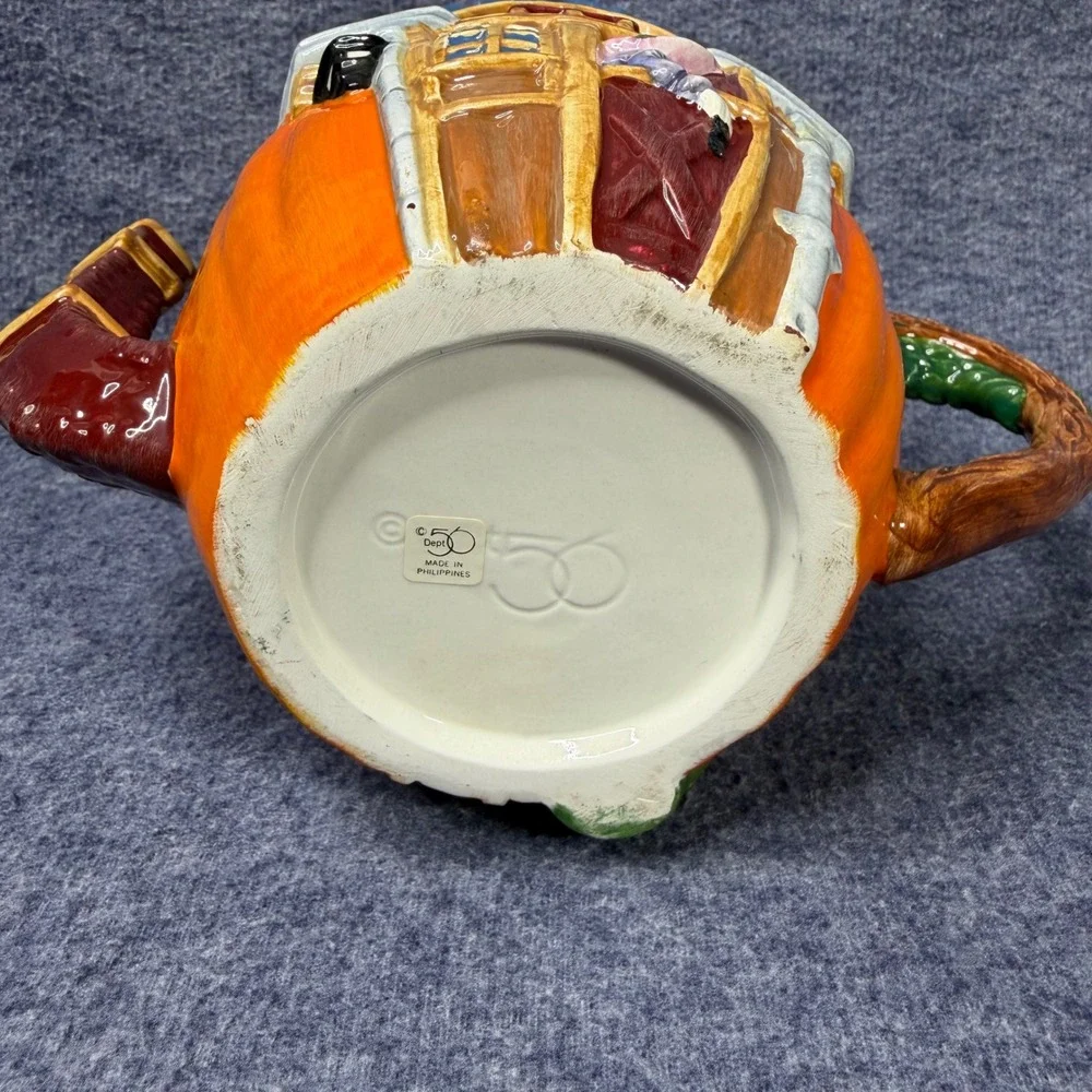 Dept 56 Pumpkin House Teapot + 3 Teacups Set Ceramic Fall Autumn Decor Whimsical